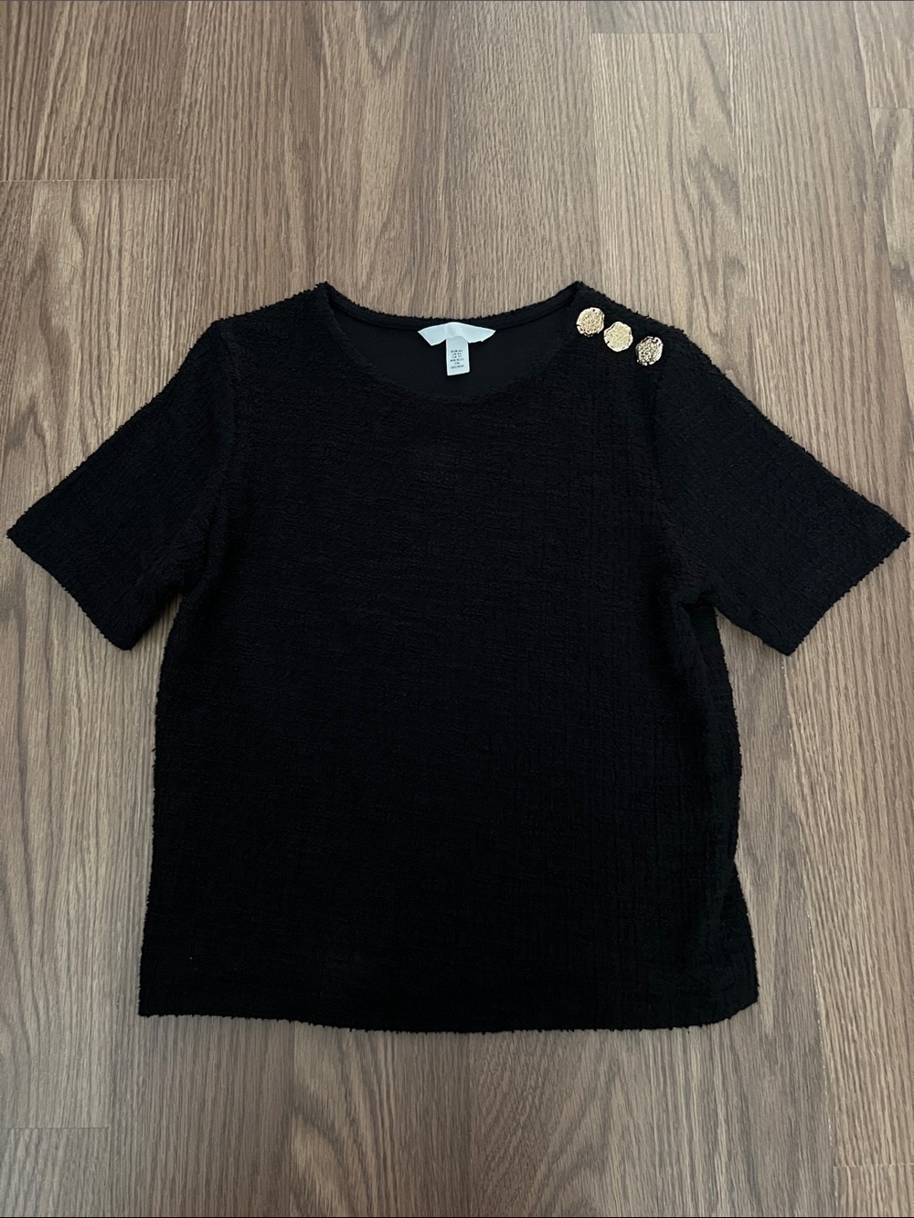 Zara Black Textured Short Sleeve Top with Gold Button Accents